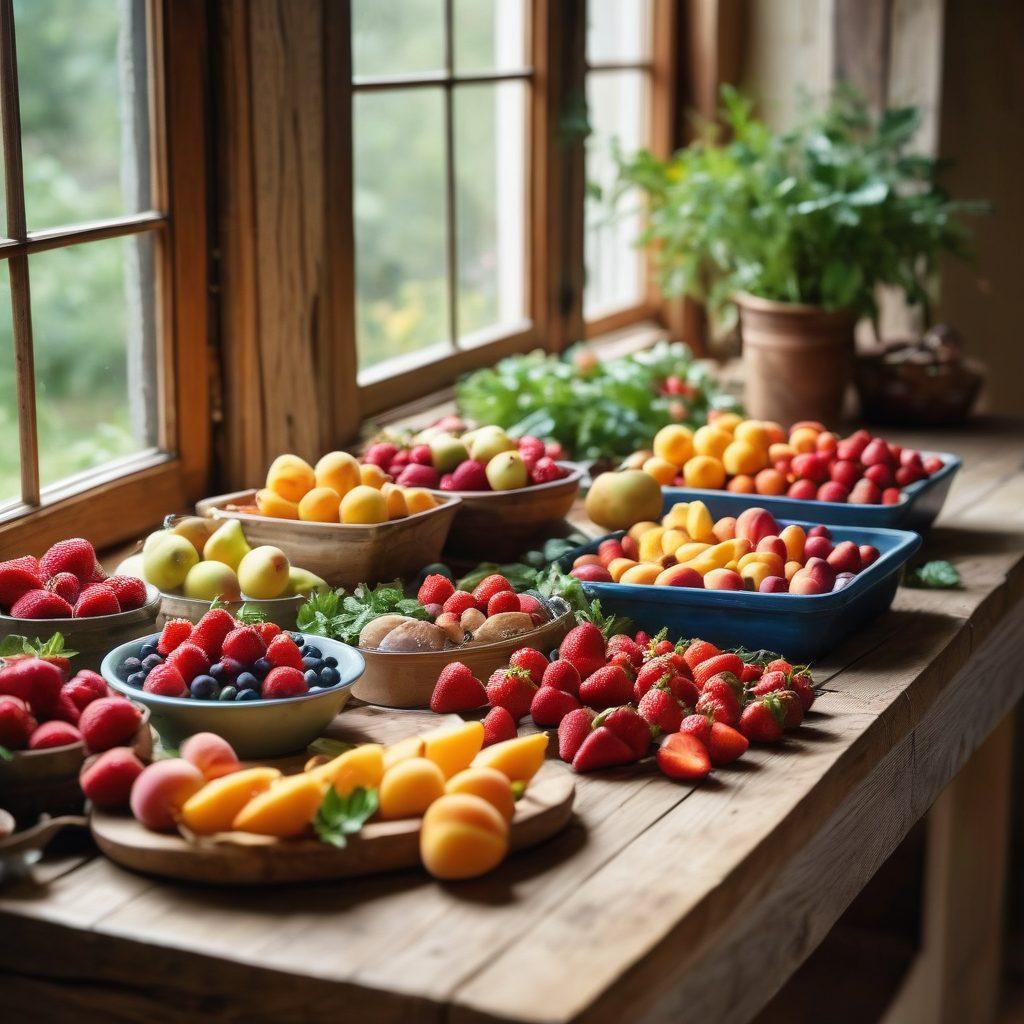 A vibrant kitchen scene showcasing fresh seasonal fruits artfully arranged on a wooden table, with hands preparing healthy snacks like fruit skewers and smoothies. Sunlight filters through a nearby window, highlighting the colorful array of fruits like strawberries, peaches, and blueberries. A herb garden in the background adds a touch of greenery, enhancing the farm-to-table feel. super-realistic. vibrant colors. natural lighting.