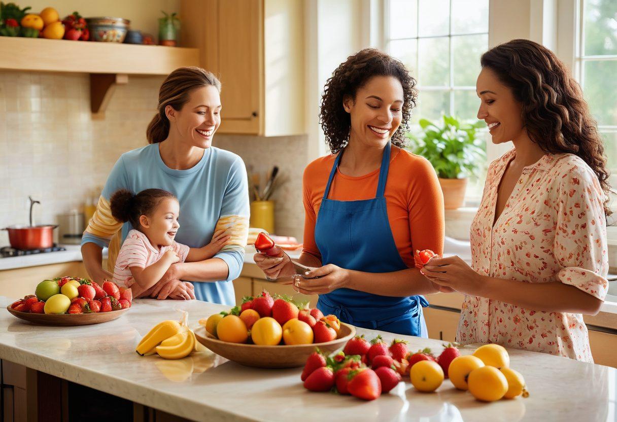 A vibrant kitchen scene featuring a diverse family joyfully preparing colorful fruit recipes together, surrounded by fresh fruits like strawberries, oranges, and bananas. Soft sunlight streams through a window, highlighting the rich colors and textures of the ingredients. The atmosphere is warm and nurturing, depicting a strong bond and healthy lifestyle. super-realistic. vibrant colors. warm lighting.